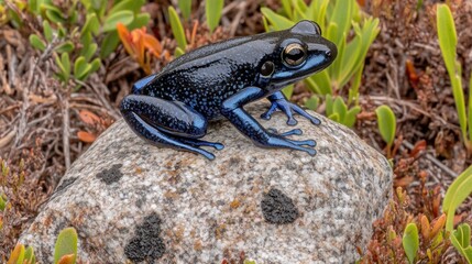 Vibrant blue frog perched on a grey rock amidst lush green vegetation.