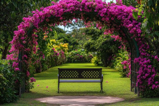 A garden bench under a trellis arch covered in pink bougainvillea, with a calm and inviting green garden as the backdrop.