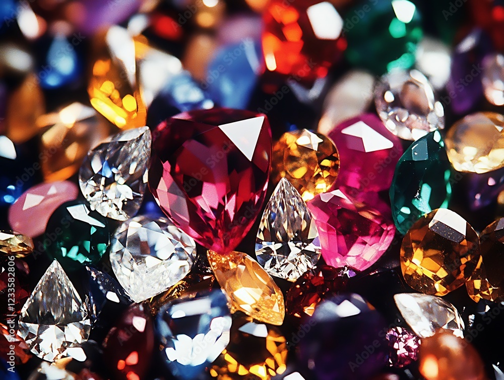 Poster Vibrant Assortment of Colorful Gems and Crystals with Intricate Facets and Reflections : Generative AI