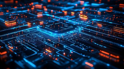 Obraz premium Creative glowing circuit board with blue and orange highlights for high-tech themes : Generative AI