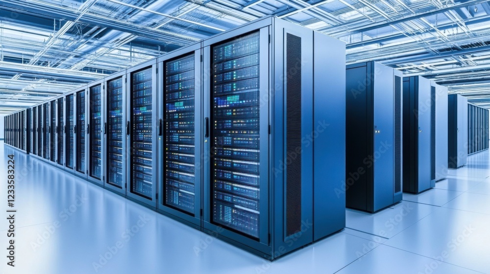Poster modern data center with server racks and blue lighting for technology and it industry use