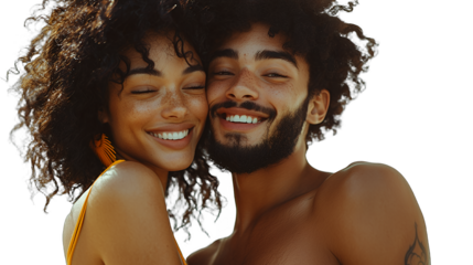 a portrait of a young man and woman in love smiling PNG image, PNG file, Generative art.