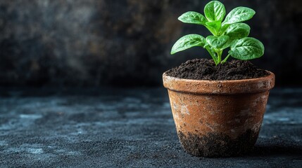 Young Plant Sprout in Rustic Terracotta Pot Dark Background Gardening Concept