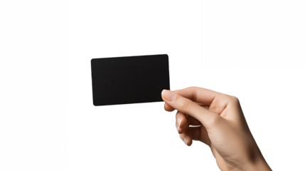 female hand holding an empty black card against a transparent background, PNG image, PNG file, Generative art.