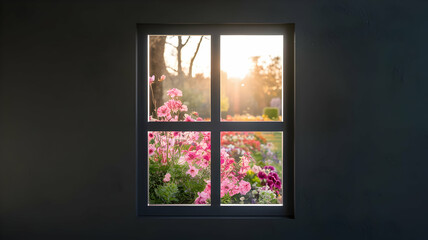 A view of a spring garden with various spring flowers in bloom through a window. The morning sunlight is dazzling, and the air is fresh and refreshing.