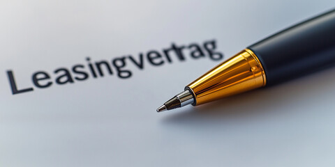 Leasingertrag der zur Unterschrift ist. Kugelschreiber liegt auf dem Tisch. Vertrag - Leasing - Unterschrift - Autoleasing