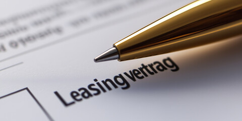 Leasingertrag der zur Unterschrift ist. Kugelschreiber liegt auf dem Tisch. Vertrag - Leasing - Unterschrift - Autoleasing