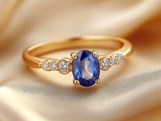 High-End Sapphire Gold Ring with Sparkling Diamonds on Elegant Satin : Generative AI