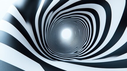 Abstract black white spiral tunnel, light at end, infinite depth, website background