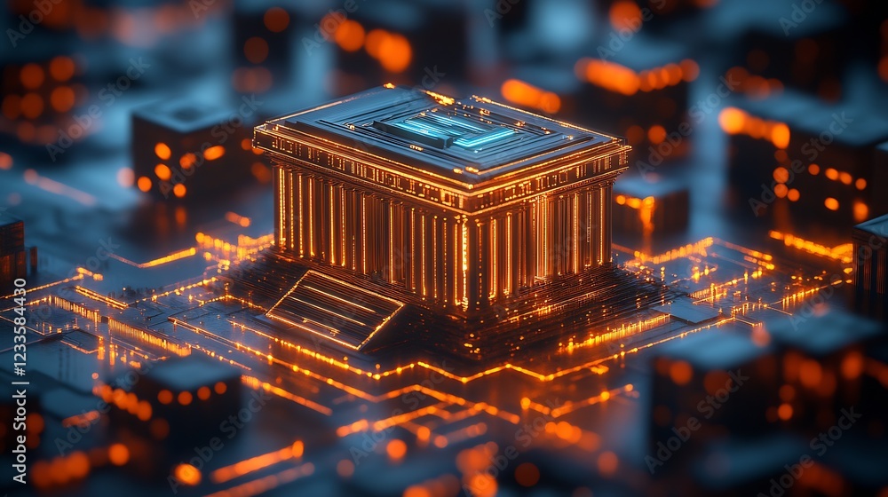 Aufkleber Futuristic Circuit Cityscape with Illuminated Microchip Structure Digital Art : Generative AI