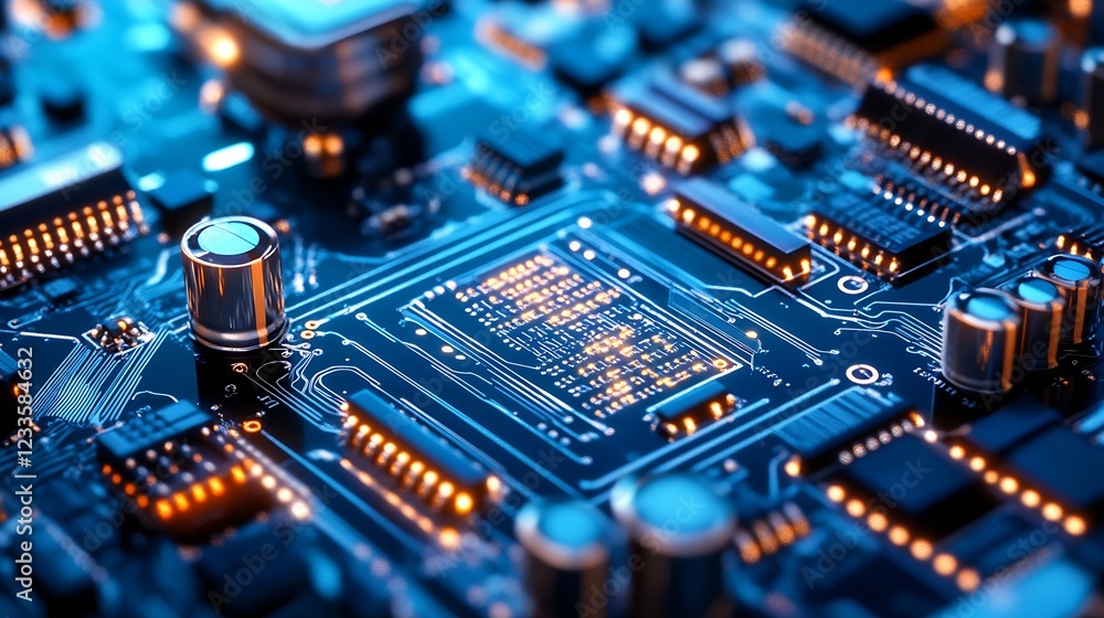 Fototapete closeup of a macrocircuit with glowing electronic components and circuit board : generative ai