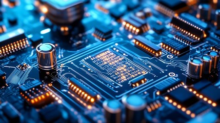 Obraz premium Closeup of a macrocircuit with glowing electronic components and circuit board : Generative AI