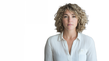 a portrait of a young woman with curly hair in a white shirt on a transparent background, PNG image, PNG file, Generative art.