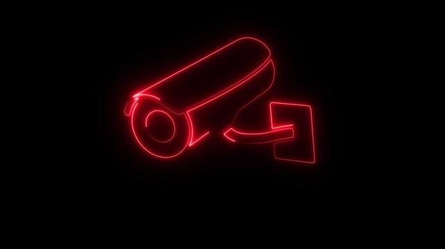 neon glowing cc camera icon on black background. camera motion graphics 4k video footage.