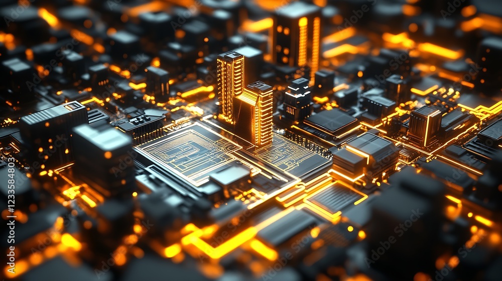 Leinwandbilder modern microchip technology illuminated with neon orange glowing circuitry and skyscraper details : 