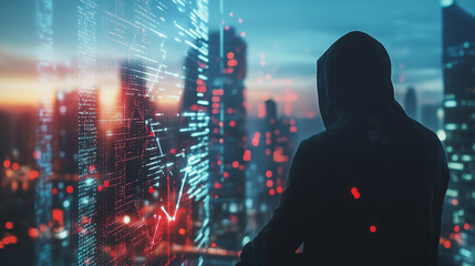 Naklejka premium Hacker are planning to hack and attack networks and cyber security , innovative Smart city and graphs with statistics to analyze business potential and predict future developments in company growth