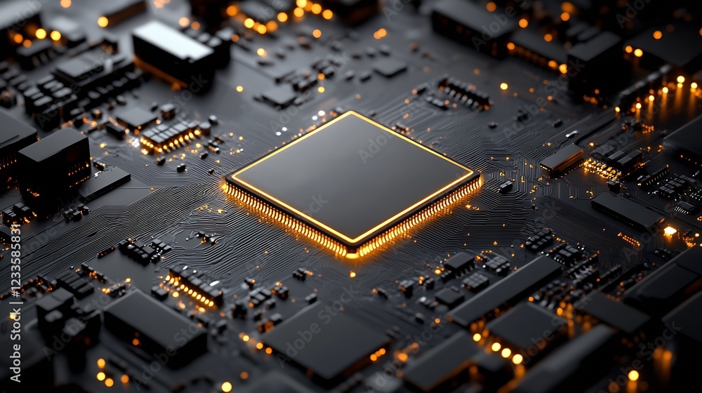 Poster Cutting Edge Microchip Circuit Board with Orange Illuminated Nodes and Configurations : Generative AI