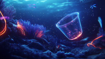 Glowing Plastic in Vibrant Underwater Scene