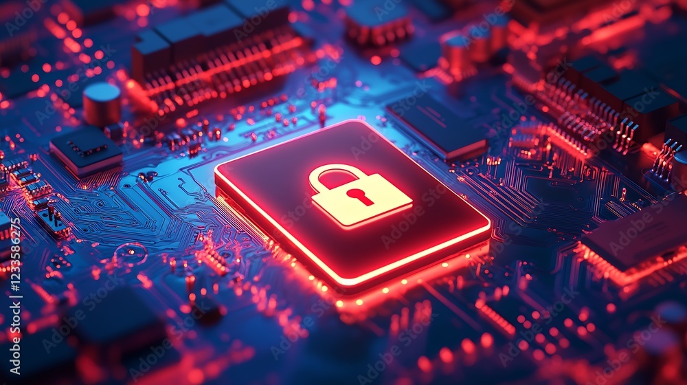 Aufkleber Red Illuminated Digital Padlock on Neon Circuit Board for Data Security : Generative AI