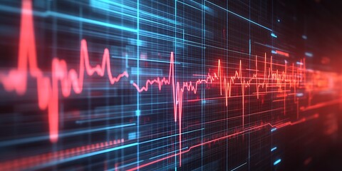 High-Tech Digital Sound Wave Grid in Blue and Red with Light Effects : Generative AI