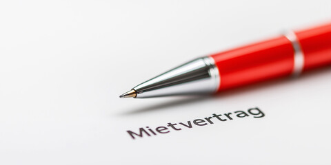 Miet - Vertrag der zur Unterdschrift ist. Kugelschreiber liegt auf dem Tisch. Vertrag - Mietvertrag - Unterschrift - Mietkosten - Wohnung