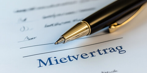 Miet - Vertrag der zur Unterdschrift ist. Kugelschreiber liegt auf dem Tisch. Vertrag - Mietvertrag - Unterschrift - Mietkosten - Wohnung