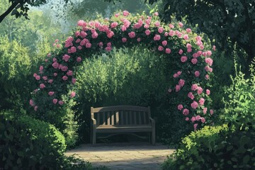 Naklejka premium A serene garden spot with a wooden bench shaded by an archway of blooming pink roses, surrounded by tall green hedges.