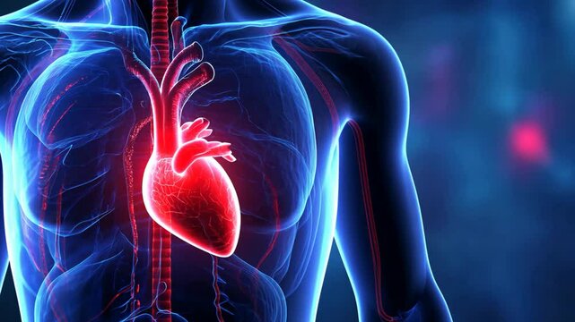 futuristic medical health care background, heart with light glow on biological cell and nerve connection	
