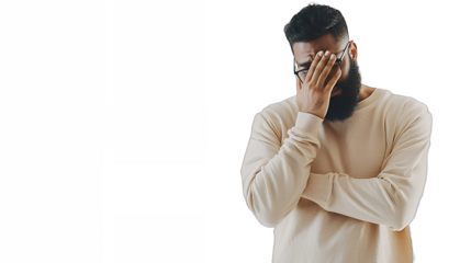 a man with a beard in a white shirt holding his hands to his ears while talking on the phone against a transparent background, PNG image, PNG file, Generative art.