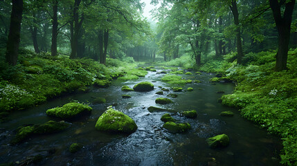 Obraz premium Misty forest stream, tranquil nature scene, calm water, lush greenery, peaceful background, ideal for nature websites