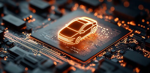 Orange illuminated car symbol on sophisticated microchip in digital technology theme : Generative AI