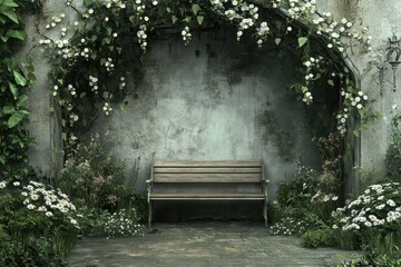A tranquil garden scene with a simple wooden bench under an archway decorated with ivy and delicate white blossoms.