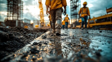 Construction workers walking on a muddy site during sunset.