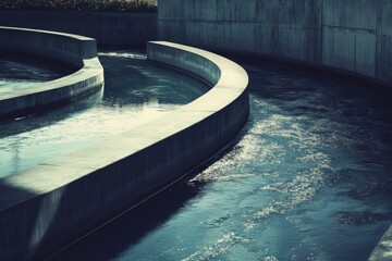 Curved Water Channels in Modern Architectural Design Reflecting Light and Creating Tranquil Atmosphere in Urban Environment for Peaceful Nature Experience