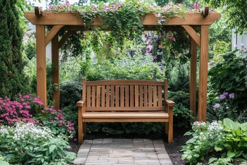 A tranquil garden scene with a simple wooden bench under an archway decorated with ivy and delicate white blossoms.