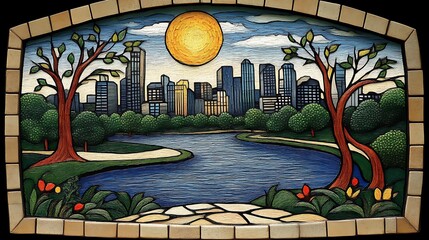 Cityscape Park Scene Bright Sun Trees Lake