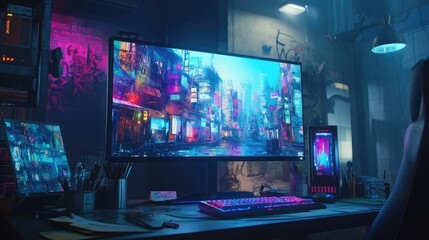 A digital artist's workspace featuring an ultra-thin monitor displaying a colorful poster concept.