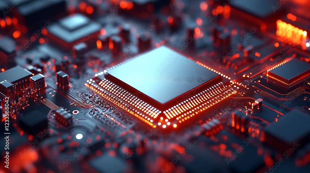 Fototapete Closeup of glowing microchip on high-tech circuit board with futuristic technology focus : Generative AI