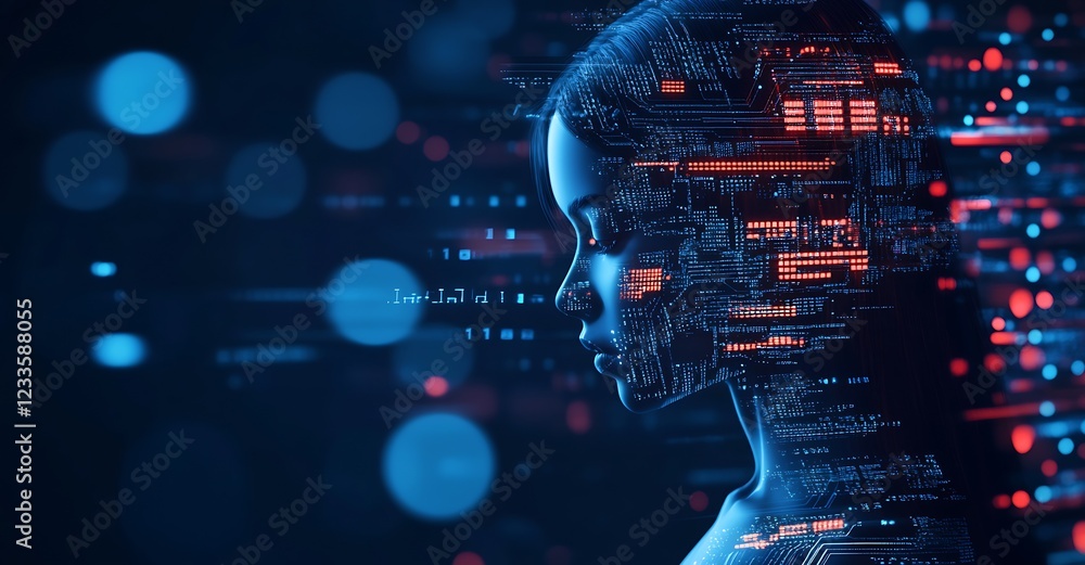 Poster Side Profile of Digital Being in Sci-Fi Environment with Complex Data and Light Effects : Generative AI