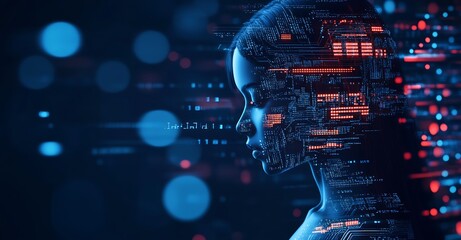 Side Profile of Digital Being in Sci-Fi Environment with Complex Data and Light Effects : Generative AI