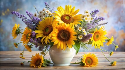 Delicate arrangement of sunflowers, daisies and lavender in a elegant vase