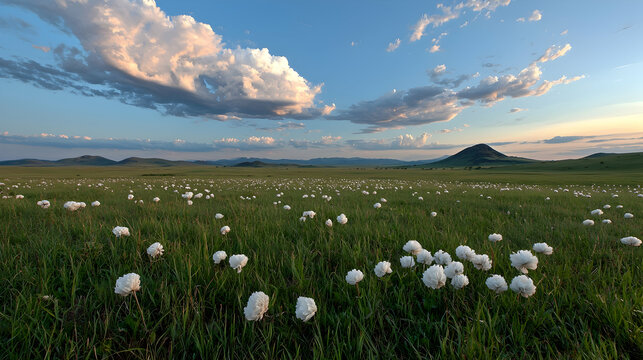 Sunset over cotton grass field, rolling hills background, nature landscape, scenic wallpaper