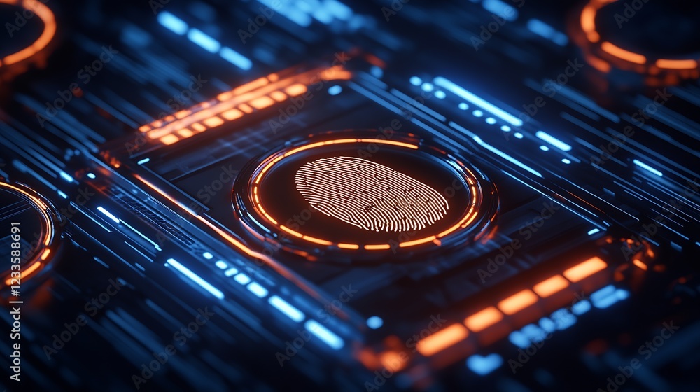 Aufkleber Futuristic Digital Fingerprint on Circuit Board for Cybersecurity Concept 3D : Generative AI