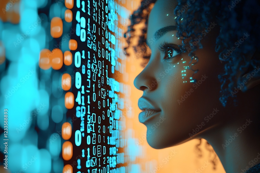 Aufkleber Modern digital interface displaying binary code in a dynamic visual : Generative AI