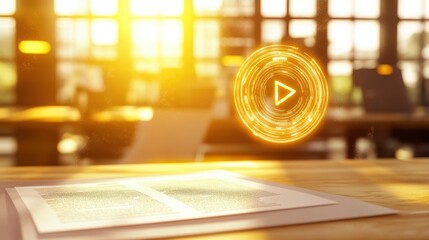 Sunlit Workspace with Floating Play Button Over Documents on Table