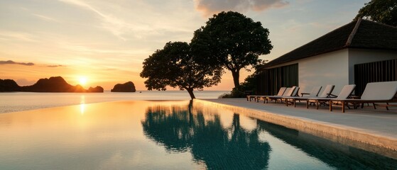 Fototapeta premium Stunning Sunset Beach Villa Infinity Pool Luxury Getaway