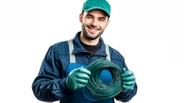 smiling young man in overalls and gloves holding a green hose on a transparent background, photo PNG image, PNG file, Generative art.
