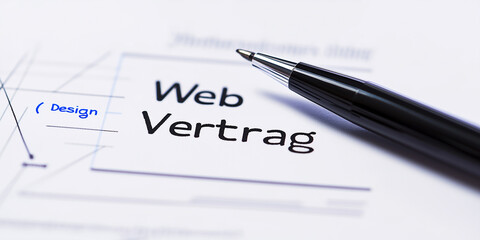 Webdesign Vertrag der zur Unterdschrift ist. Kugelschreiber liegt auf dem Tisch. Vertrag - Webdesign - Unterschrift