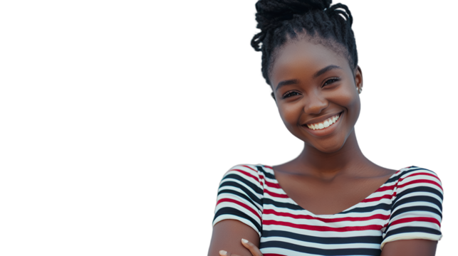a young black woman in a striped shirt smiles at the camera with her arms crossed PNG image, PNG file, Generative art. - Powered by Adobe