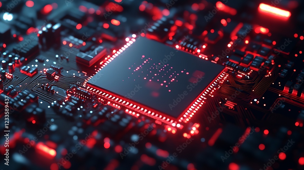 Fototapete red illuminated circuit board with central microchip focused in detail : generative ai